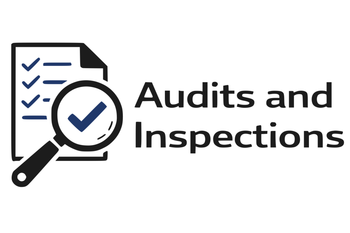 Icon of a document with checkmarks, a magnifying glass highlighting a checkmark, and the text "Audits and Inspections."
