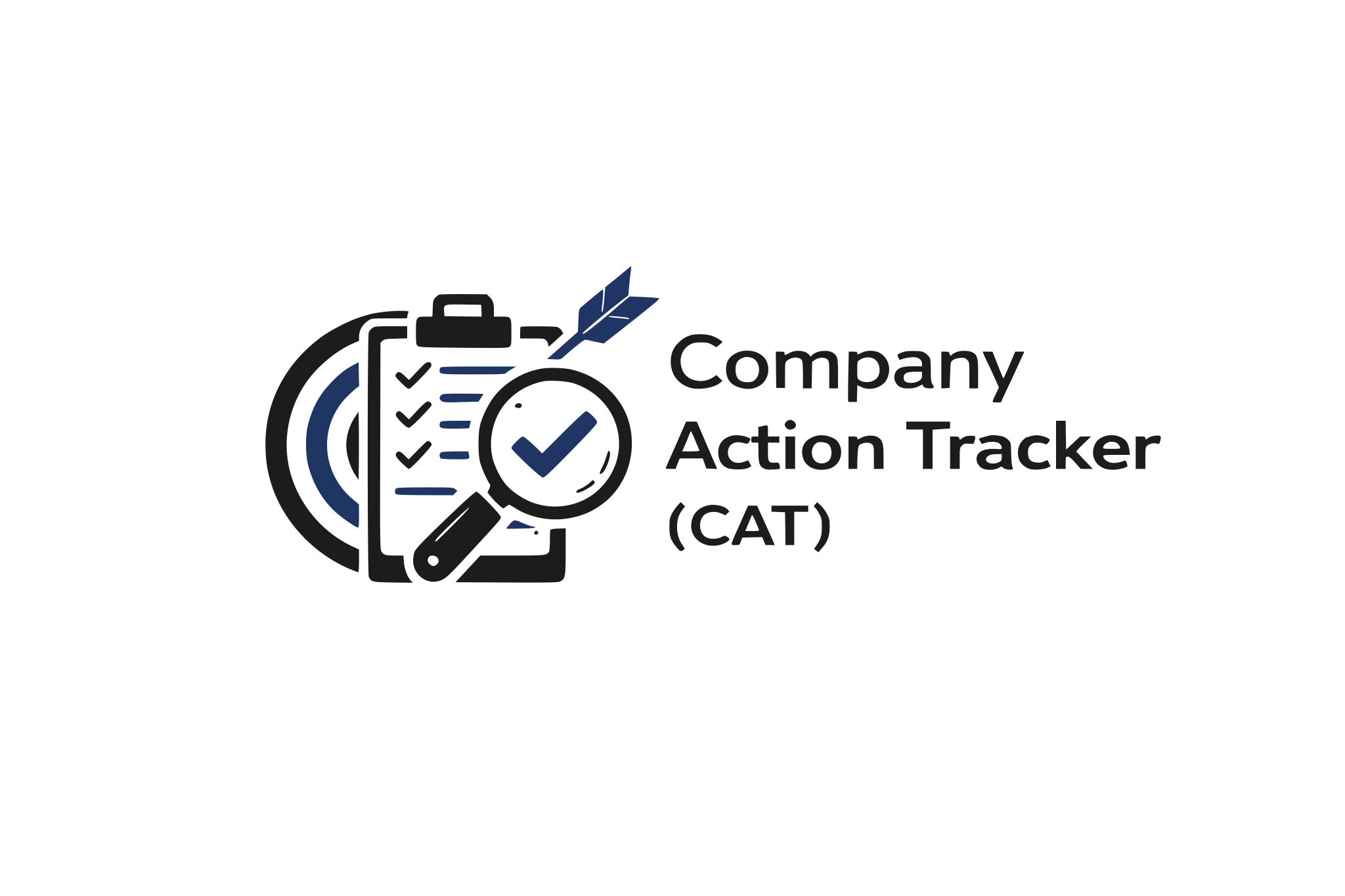 Logo for the Company Action Tracker (CAT), featuring a clipboard with checkmarks, a magnifying glass with a checkmark, and an arrow hitting a target.