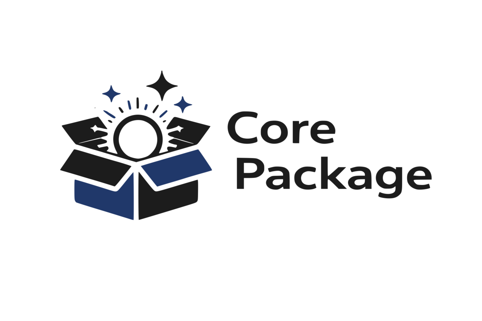 Logo for Core Package featuring an open box with a shining sun and stars above, and the text 'Core Package' beside the box.