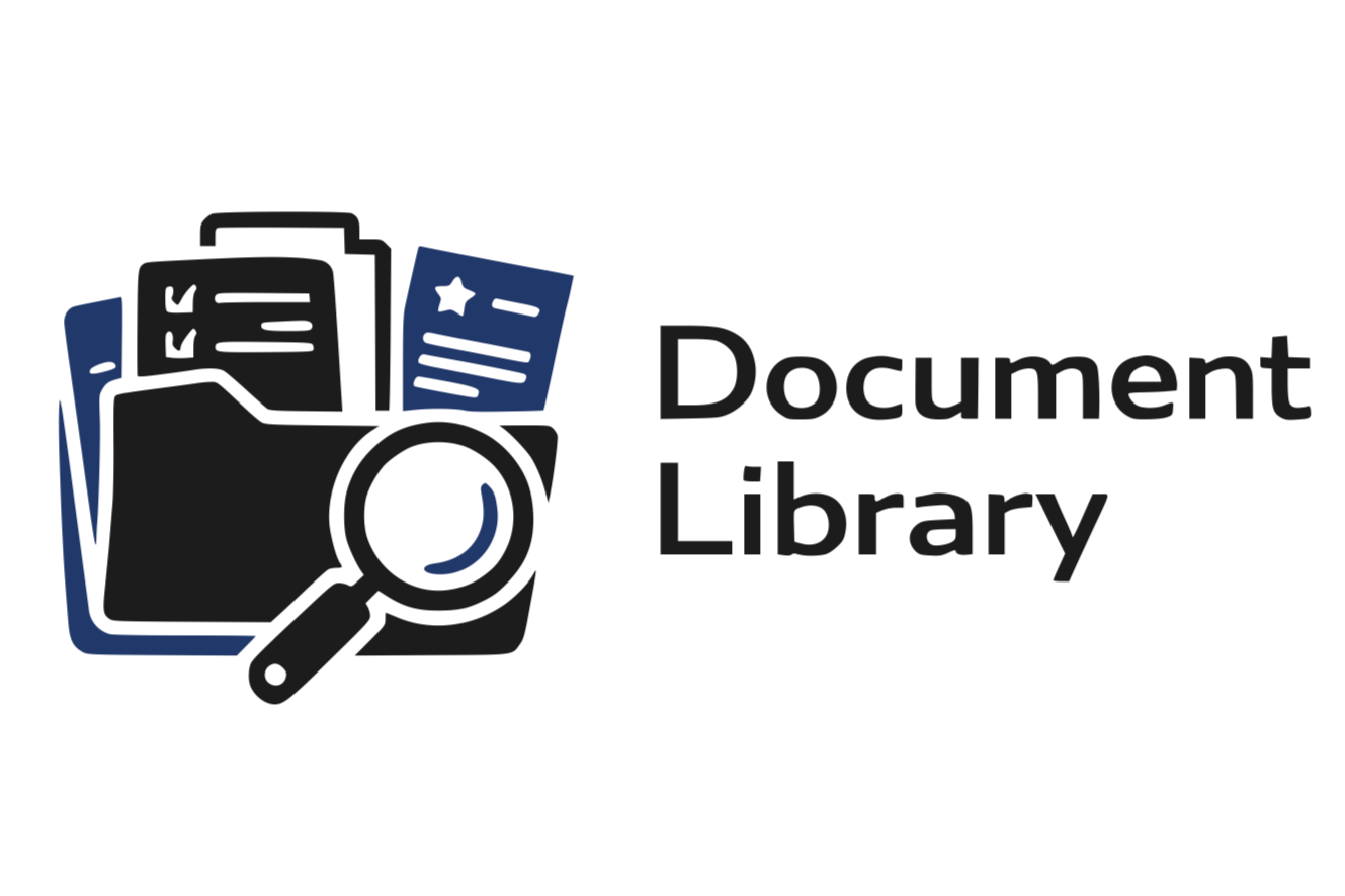 Illustration of a document folder with blue papers, a magnifying glass over the folder, and the text 'Document Library' next to it.