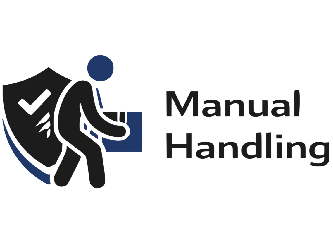 Logo with a simplified figure carrying a box and a shield with a checkmark, next to text that reads 'Manual Handling'.