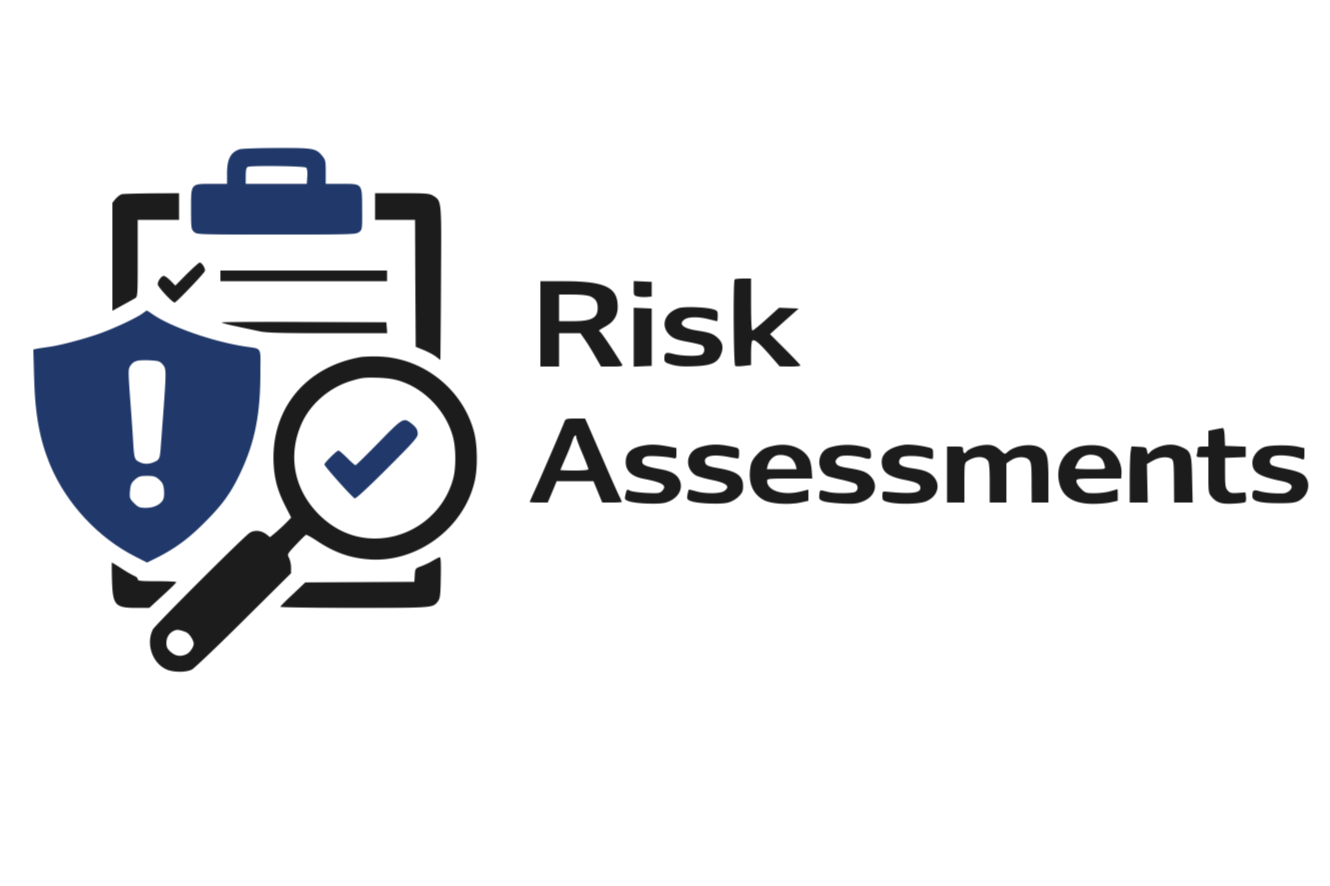 Illustration with a shield, shield with a check mark, clipboard, magnifying glass with a check mark, and the text "Risk Assessments"
