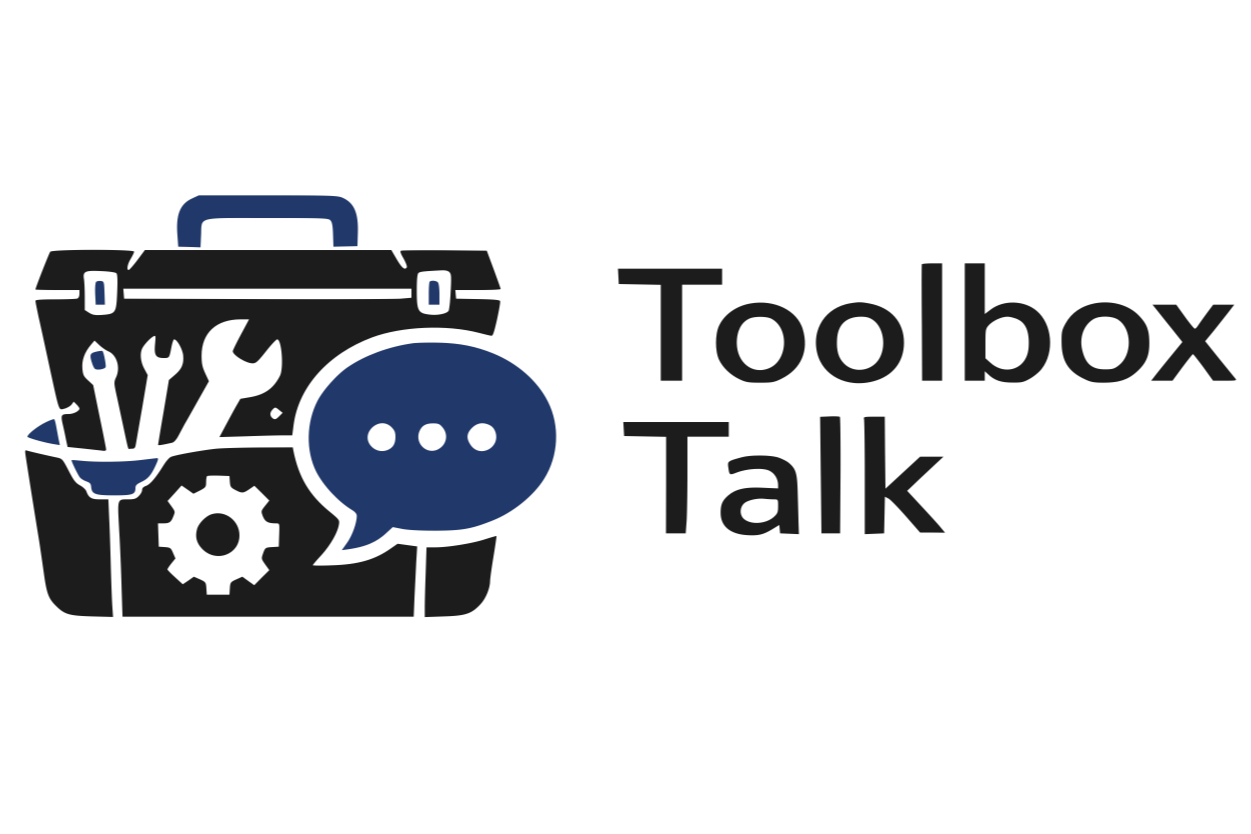 Logo for Toolbox Talk featuring a black toolbox with tools inside and a blue speech bubble.
