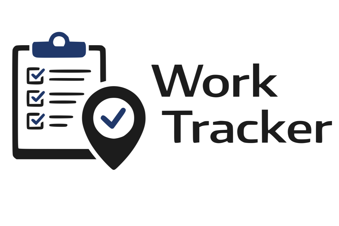 Icon of a clipboard with checkmarks and a location pin with a checkmark, alongside the text 'Work Tracker'.