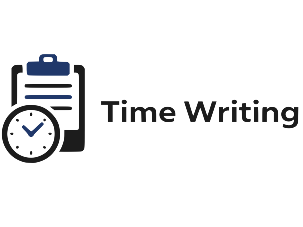 Clock overlaying a clipboard with papers and pencil, with the text 'Time Writing'.