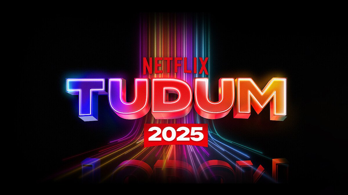 Neon-style text announcing 'Netflix TUDUM 2025' against a black background with colorful light trails.