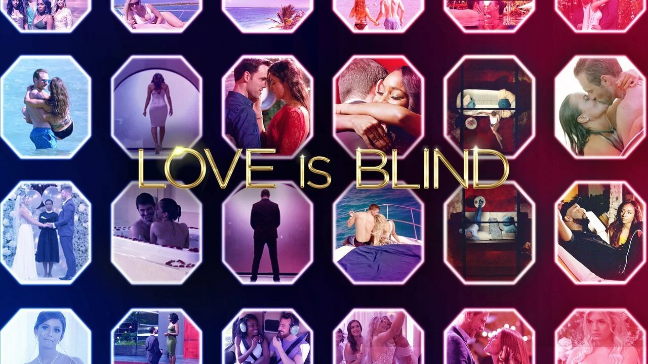Collage of romantic and intimate scenes with couples in various settings like at the beach, on a boat, and indoors, with the title 'Love is Blind' in the center.