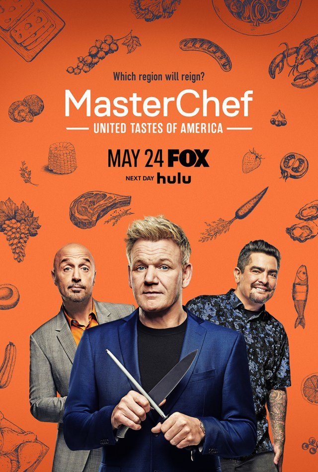Poster for the TV show MasterChef: United Tastes of America, premiering on May 24 on FOX, next day on Hulu, featuring three judges and illustrations of various food ingredients and dishes on an orange background.