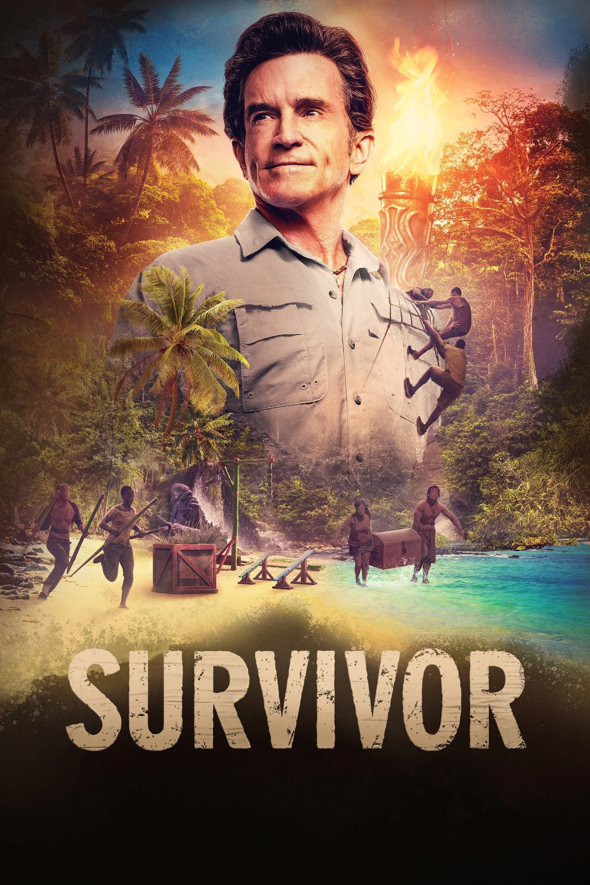 Poster for the show "Survivor" featuring a man in a khaki shirt, tropical jungle background, with smaller scenes of people running and playing near a river, and a large torch with flames.