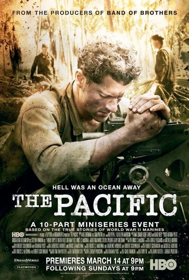 Promotion poster for the HBO miniseries 'The Pacific' with a soldier in a jungle, looking distressed, and another soldier in the background. The text states 'From the producers of Band of Brothers,' 'Hell was an ocean away,' and details about the ser
