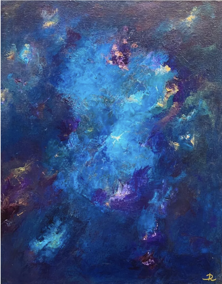 Abstract painting with shades of blue, purple, yellow, and hints of white, resembling a cosmic or nebula scene.