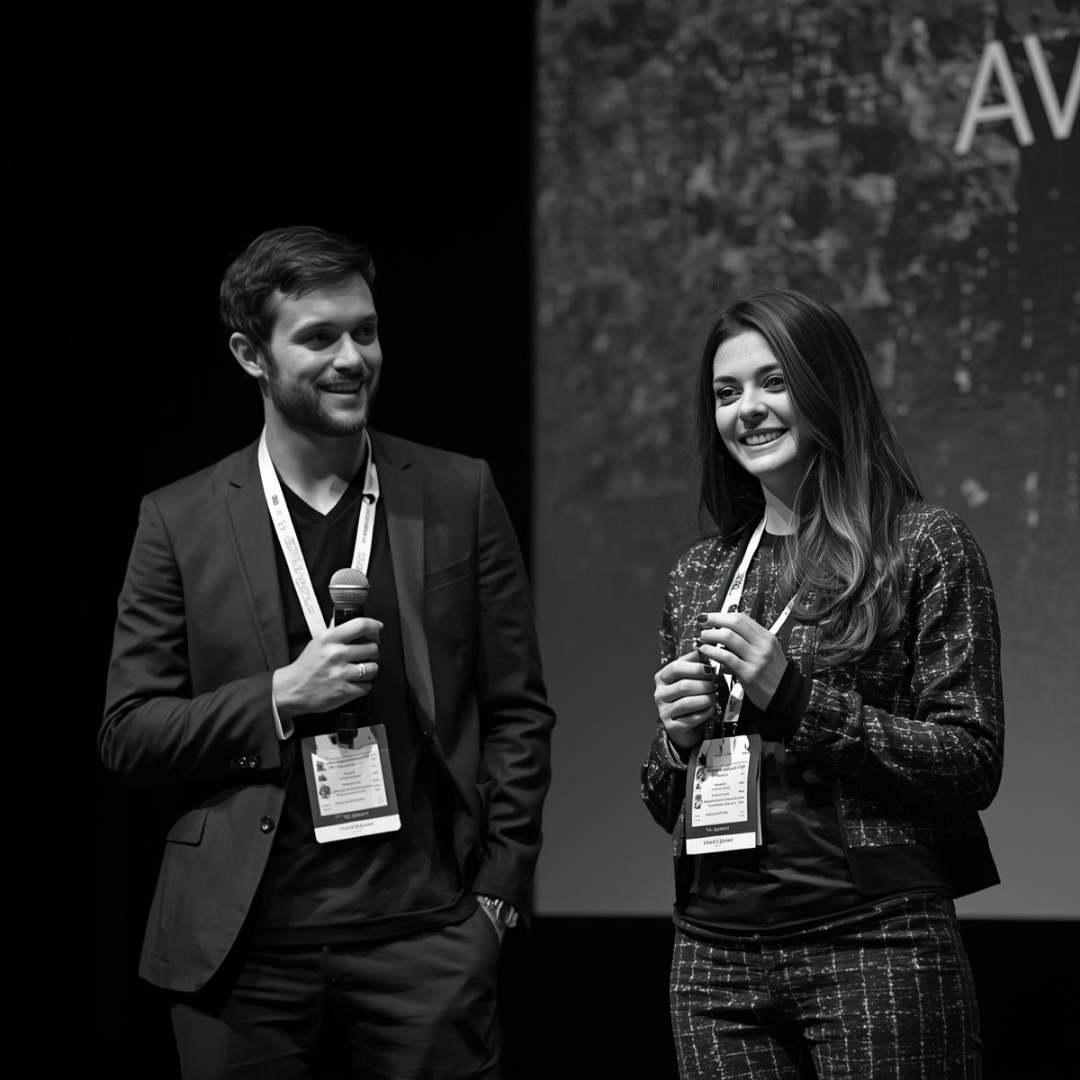 A man and woman on stage at a conference, holding microphones and wearing conference badges, smiling and possibly engaging in conversation.