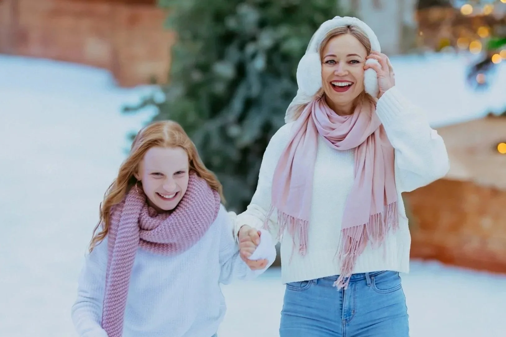 Eine lachende Frau und ein Mädchen, die im Schnee Spaß haben, bei kaltem Wetter, tragen warme Kleidung, Schneebälle im Freien.