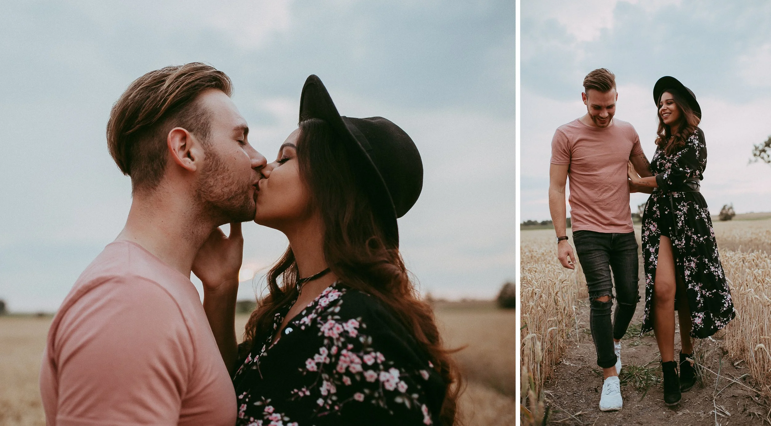 Ein Paar in einem Weizenfeld, das sich beim Spaziergang hält und lacht, bei bewölktem Himmel.