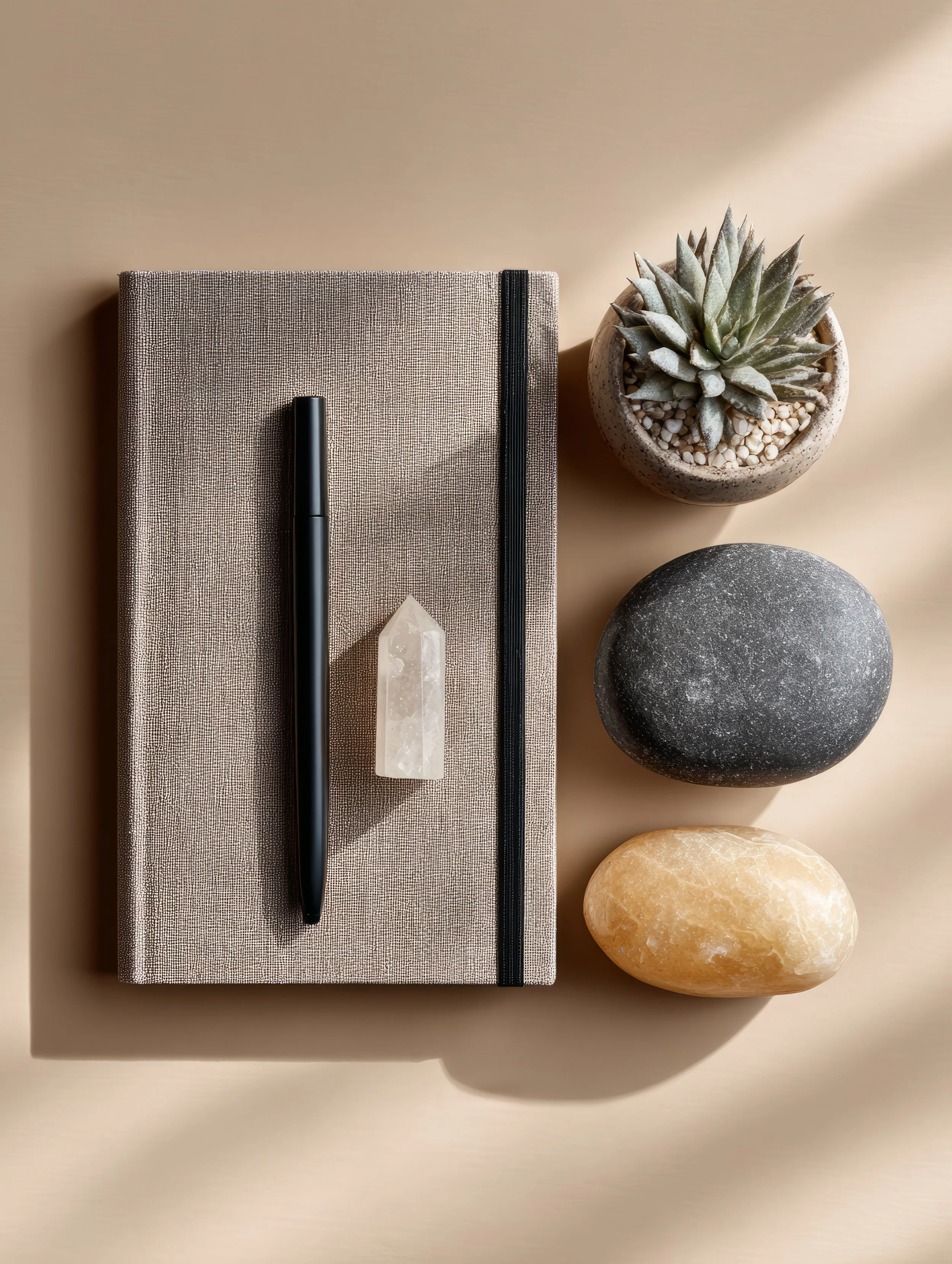 A beige notebook with a black pen on top, a white crystal, a potted succulent, a black stone, and a yellowish stone arranged on a beige surface.