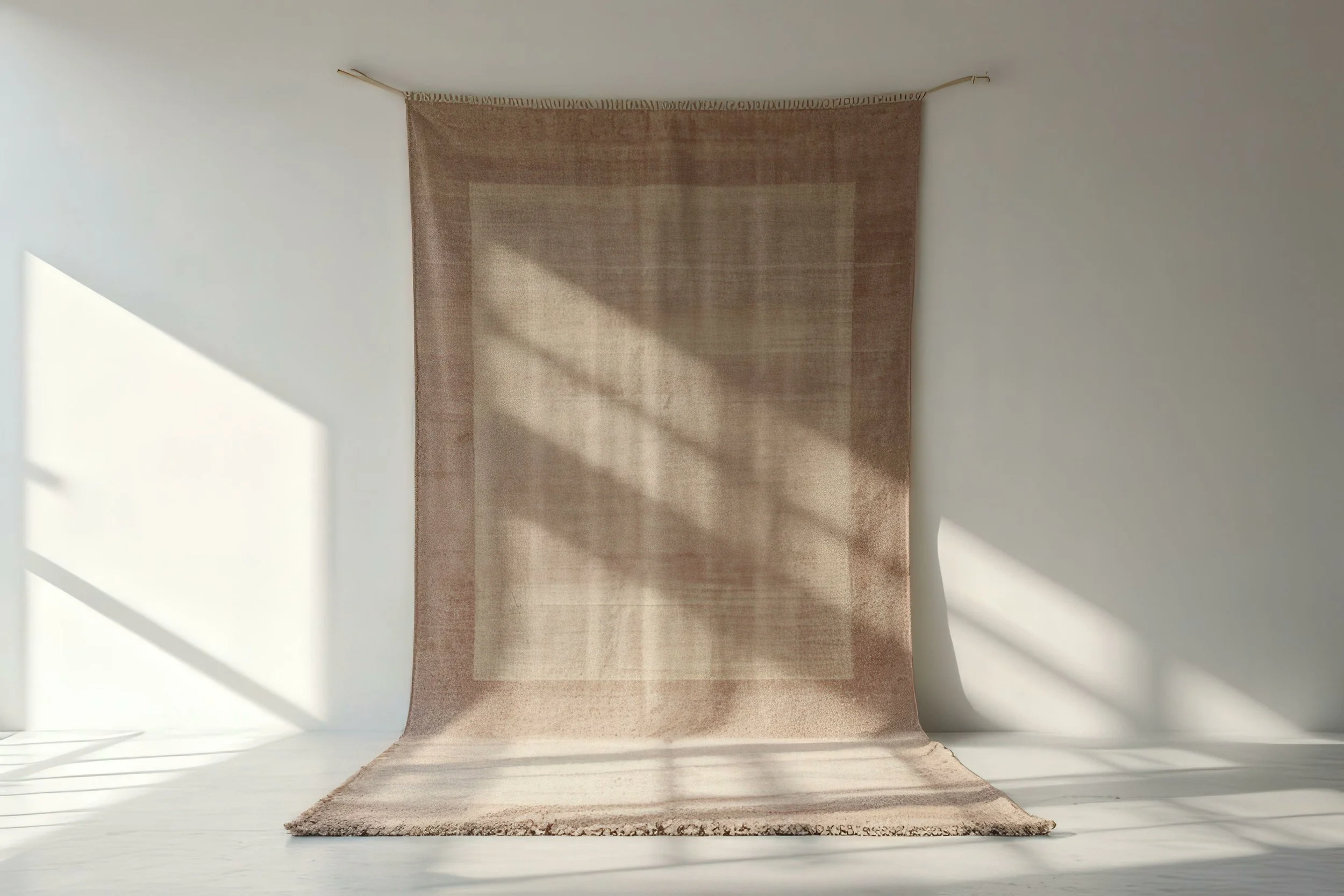 A beige and cream rug hung on a white wall with sunlight creating shadows.