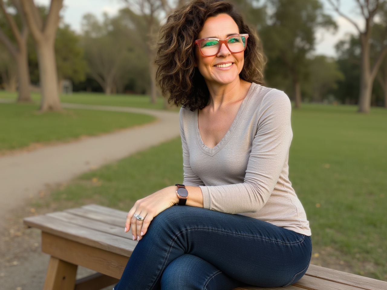 Woman with curly hair, wearing glasses, sitting on a park bench smiling, with trees and a pathway in the background.