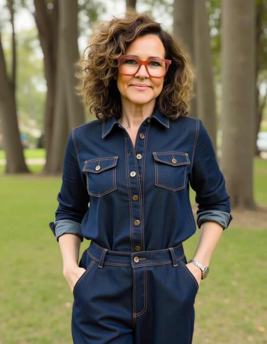 A woman with curly dark hair wearing red glasses and a denim jumpsuit standing outdoors in a park with trees in the background.