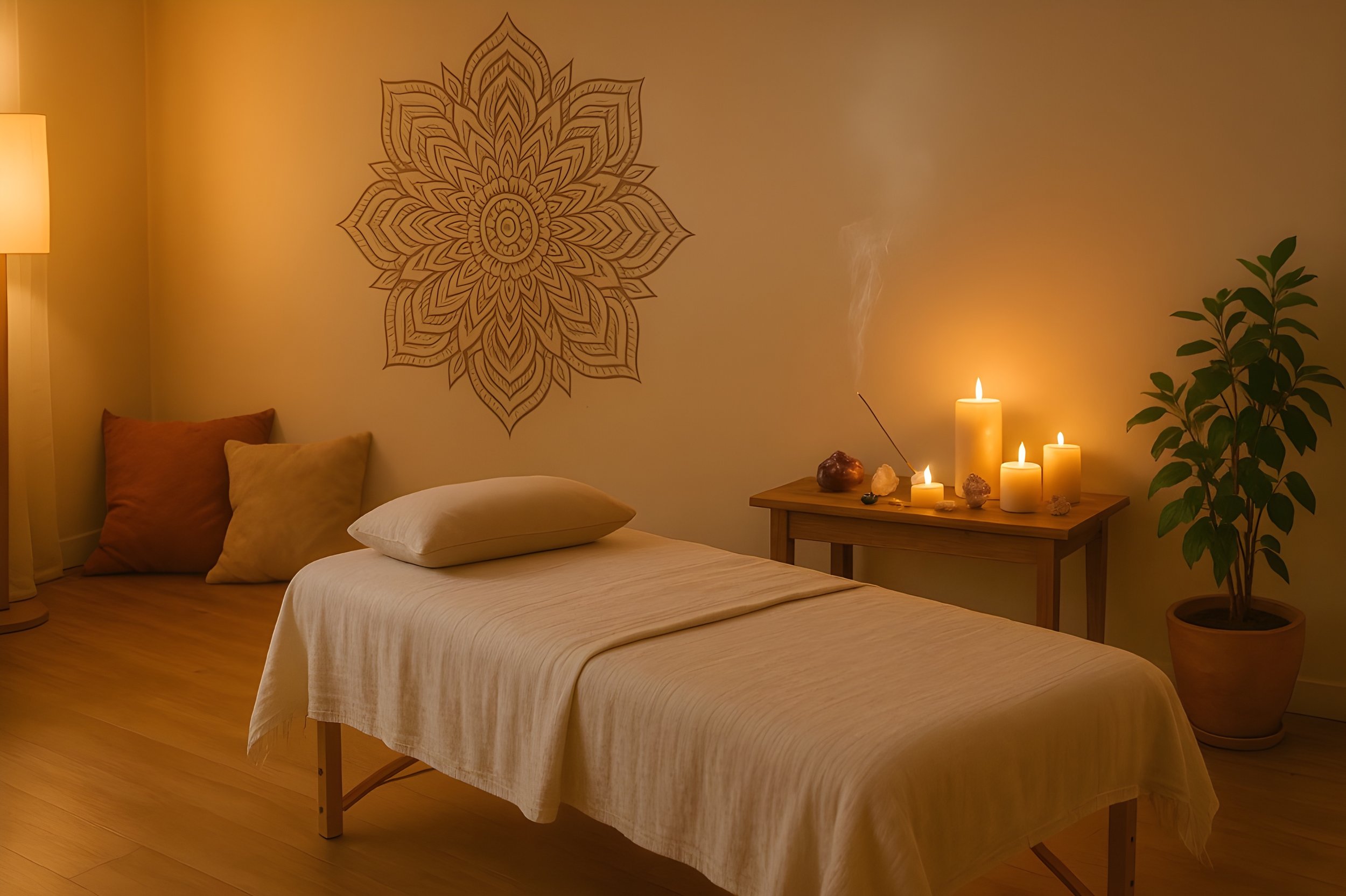 A cozy room with a massage table draped in a white sheet, a small wooden table with lit candles and crystals, a large potted plant, and a decorative mandala on the wall, illuminated by soft lighting.