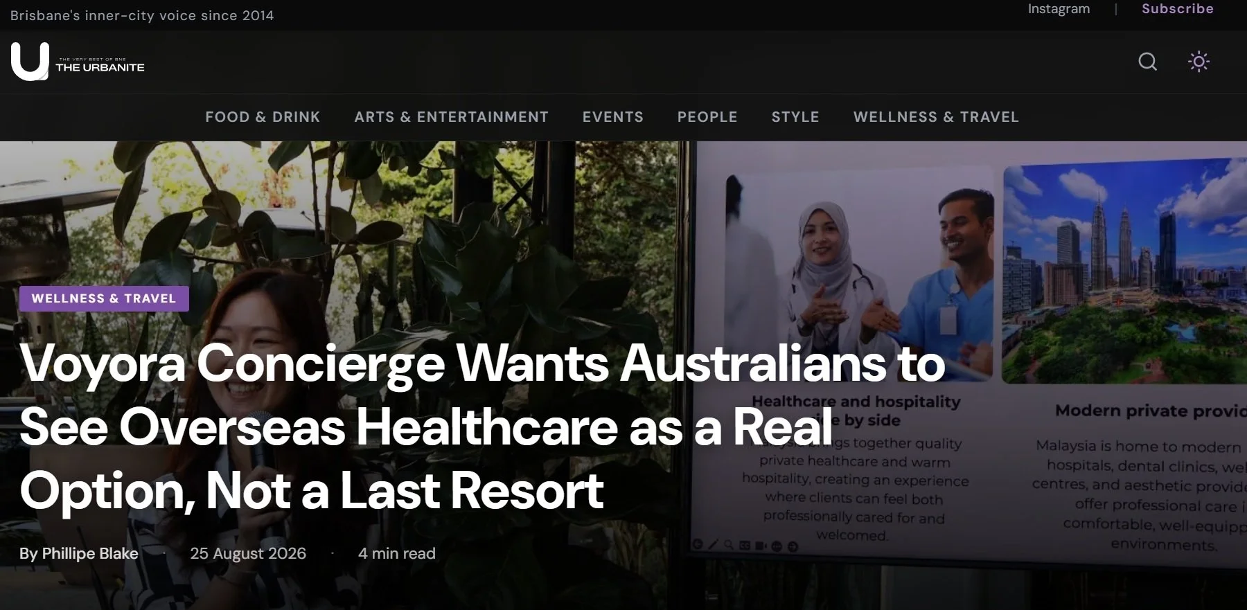 Screenshot of a news article webpage titled "Voyora Concierge Wants Australians to See Overseas Healthcare as a Real Option, Not a Last Resort," with a background image of a woman smiling under greenery and an inset image of a healthcare professional and a city skyline.