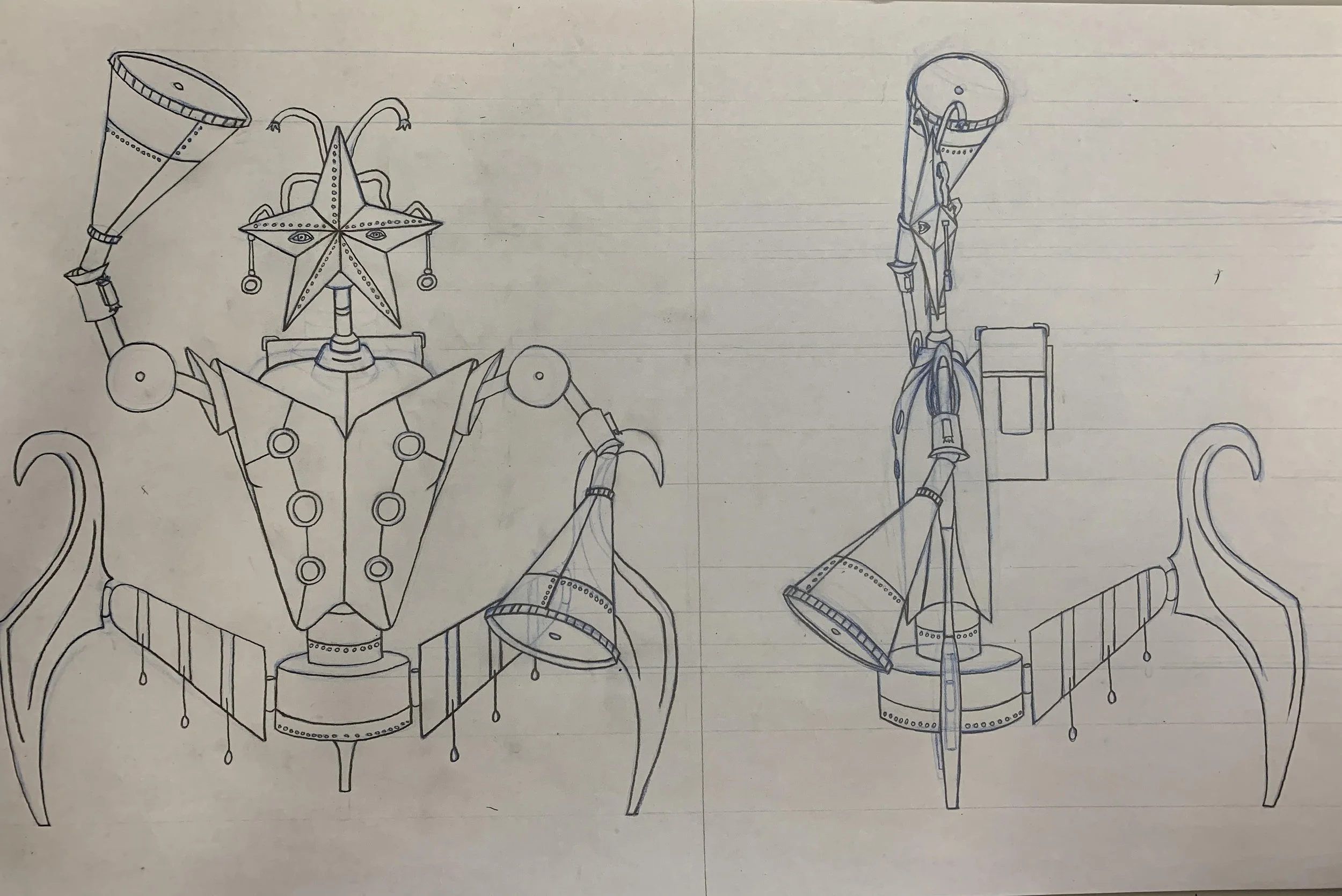 Flashy Robot Orthographic View, May 2024
This character was designed as part of a project to create a robot that has a specific function and personality. My robot's function is to shine lights and illuminate different things. It has two hands which a