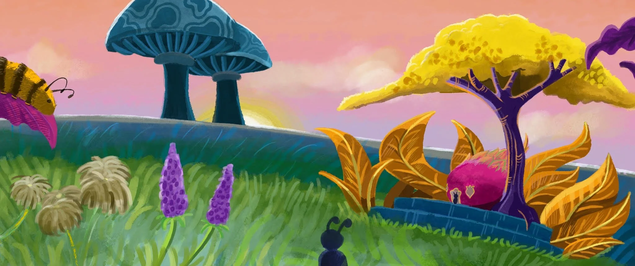 The Dragonfruit House, June 2025. 
This was my Concept Art final at DigiPen, and the goal was to design a UI for a video game. I wanted to create a really whimsical landscape, fit for a small bug. Within this landscape, there's the centerpiece of the