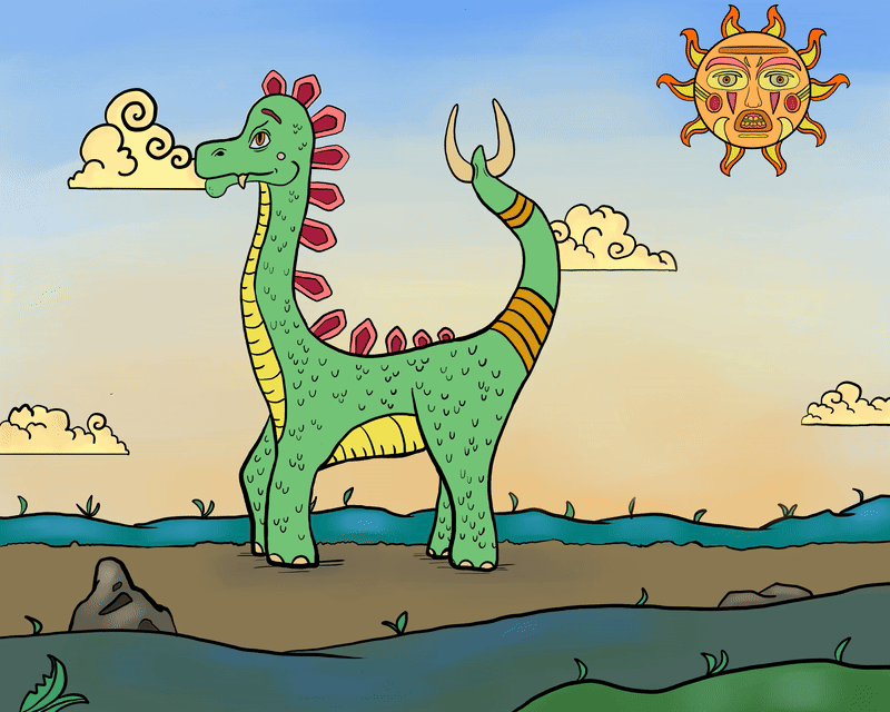 Dinosaur and Sun Animation, March 2024
I was looking into Mayan art, and I drew inspiration from them to make this piece. I additionally wanted to use vibrant colors that added a sense of warmth to the scene.