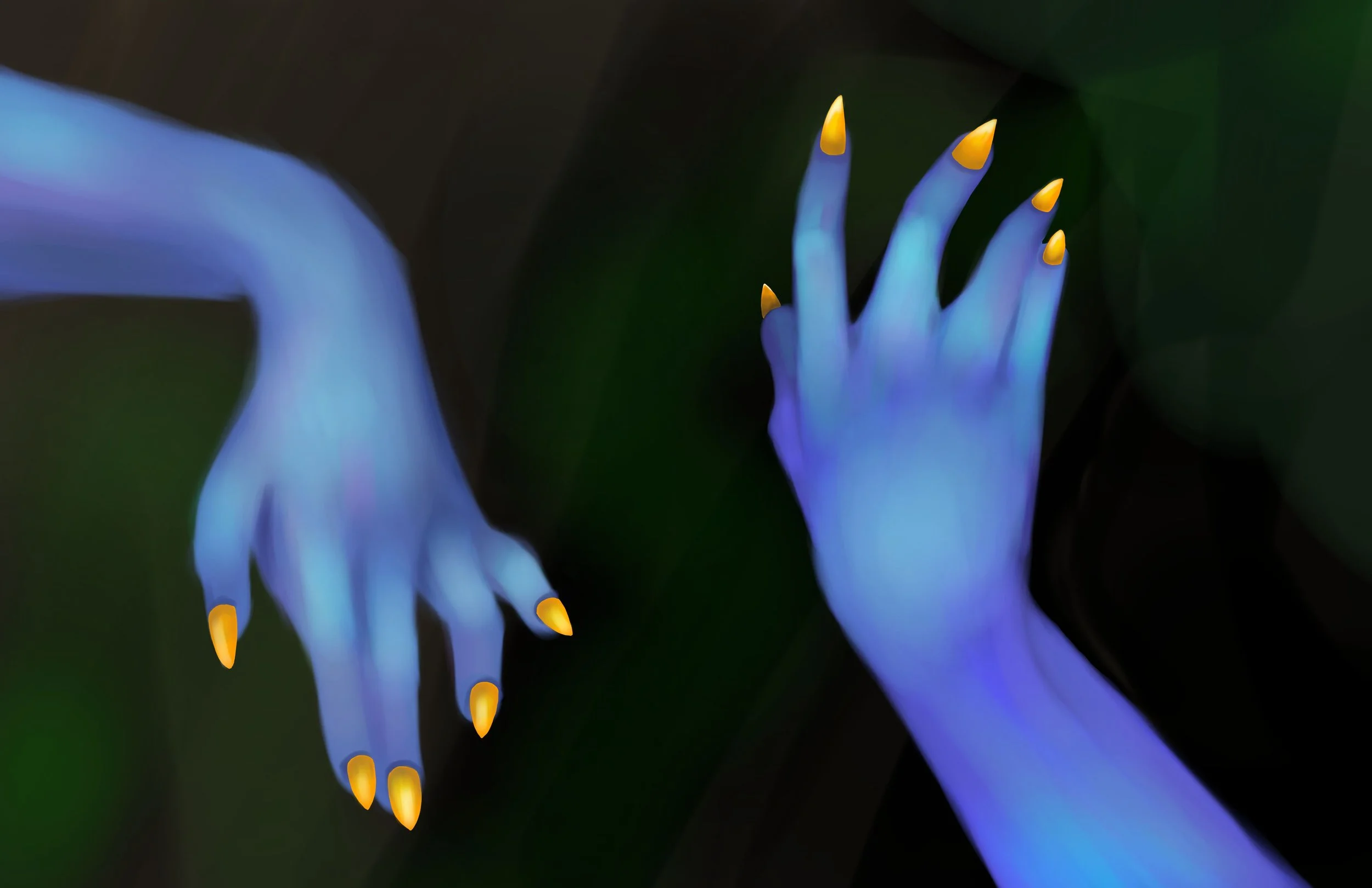 The Bluest Hands, October 2024. 
I was experimenting with layer tools like color dodge and multiply, and it turned into this super neon blue hand piece.