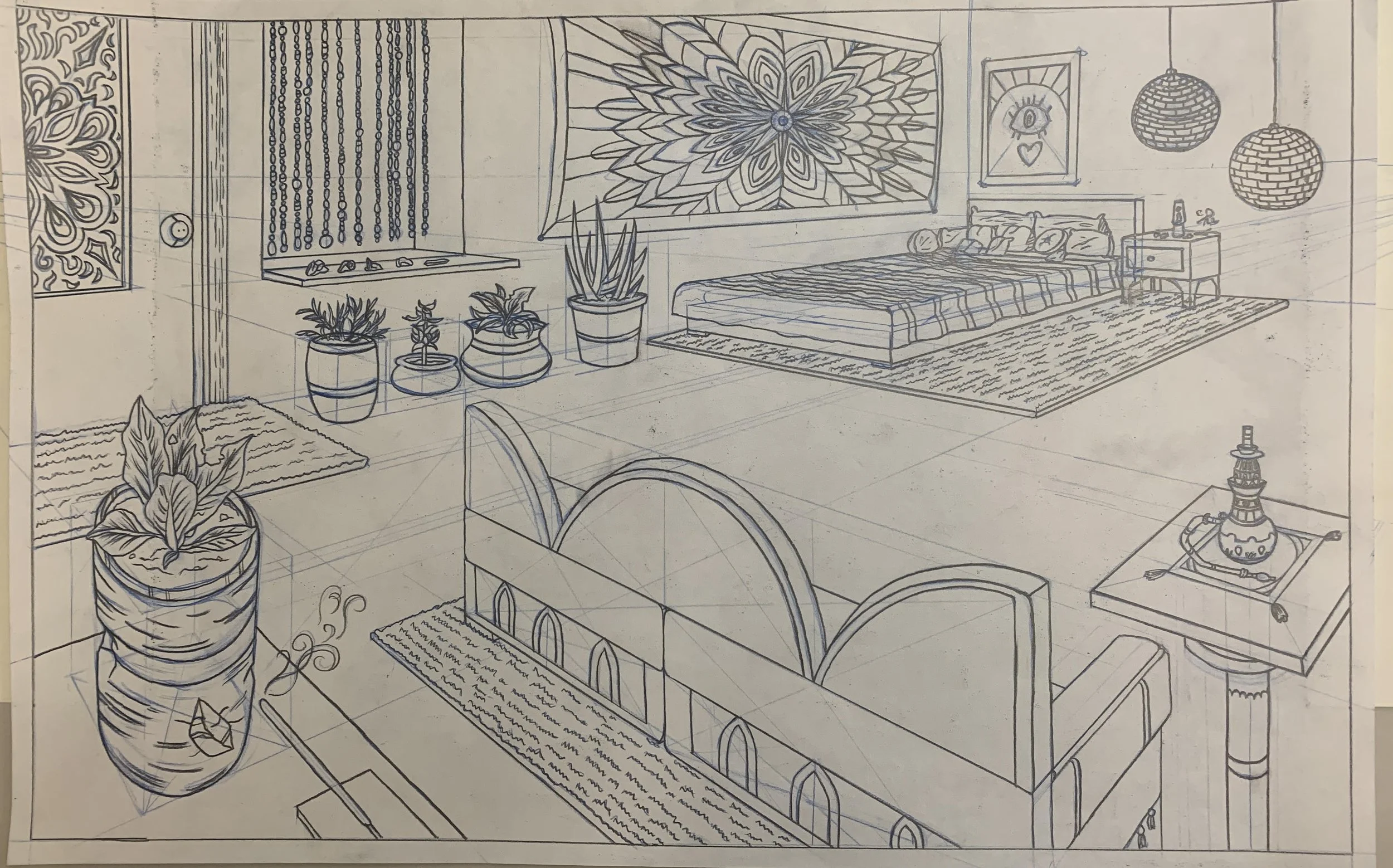 Hippie Room, April 2024
This was a DigiPen class assignment to design a room interior. I wanted to create a room for a hippie because their style is usually classified by maximalist aesthetics and many different objects within their spaces. First, we