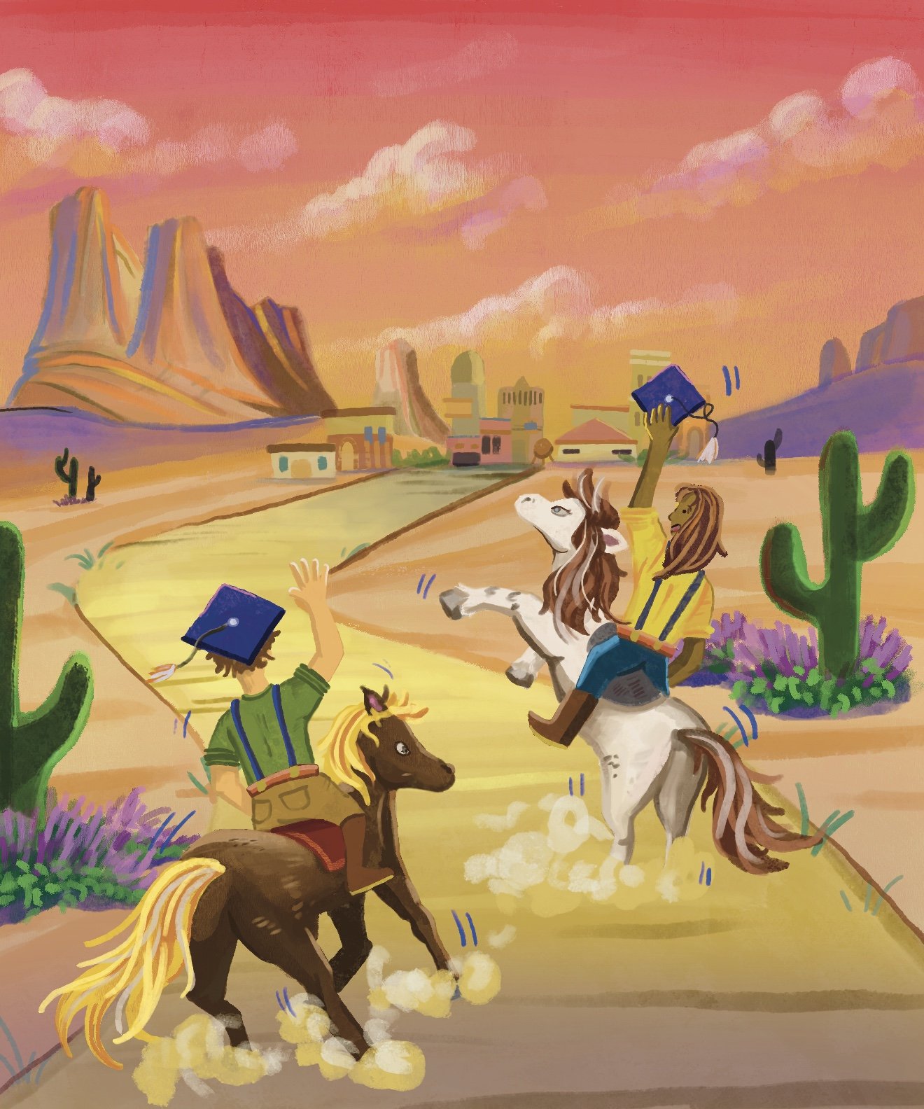 Wild West Graduation, June 2025.
This was the cover I designed for our Senior Graduation issue, the last newspaper cycle I was a part of in high school. The theme for the paper was Wild West, and it features cowboys after graduation riding into the s