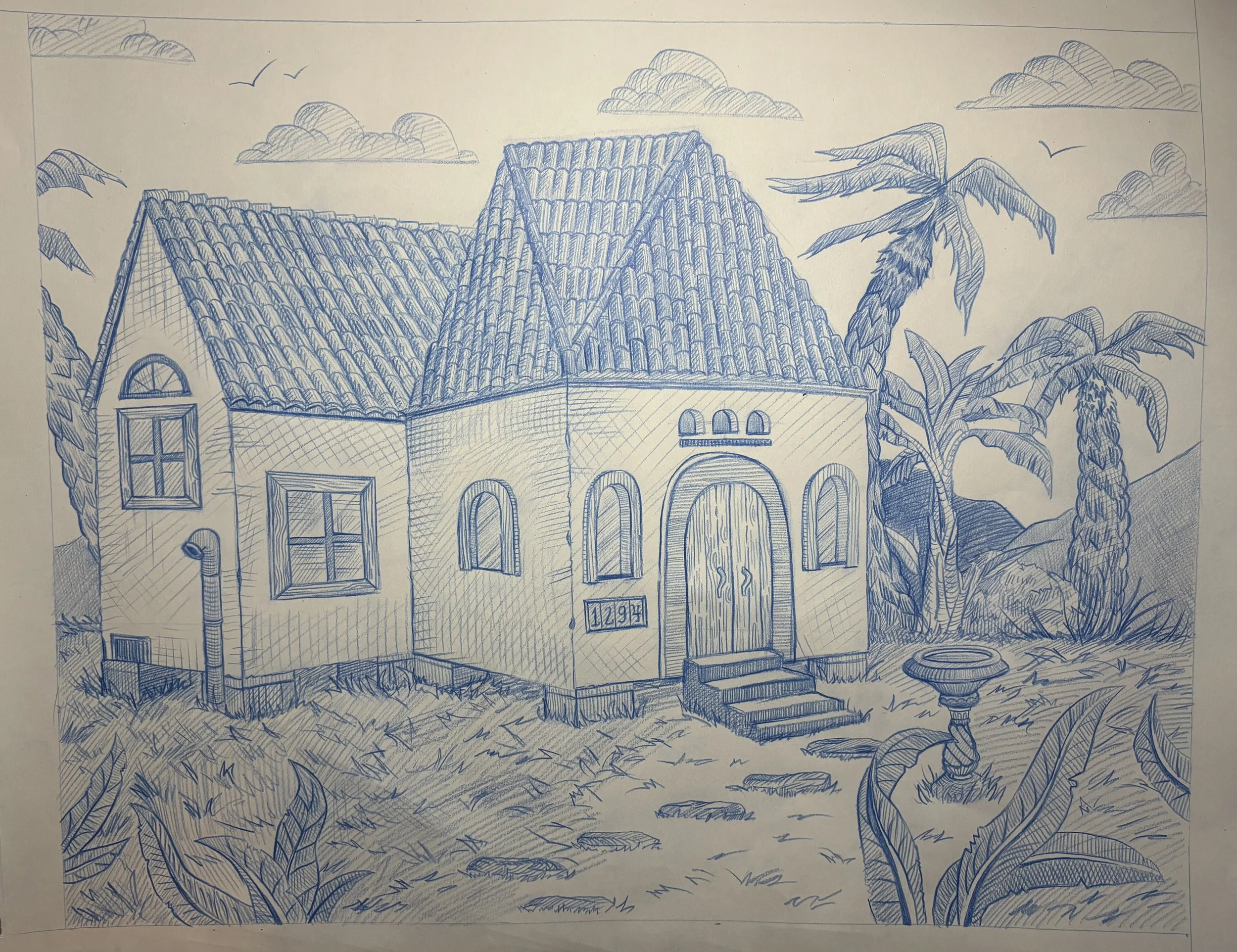 Freehand Tropical Background, June 2025
This was a freehand background piece that I did, making a background for an animation. It features a humid landscape, with greenery, birdbaths, and palm trees. Inspired from Mexican streets. 