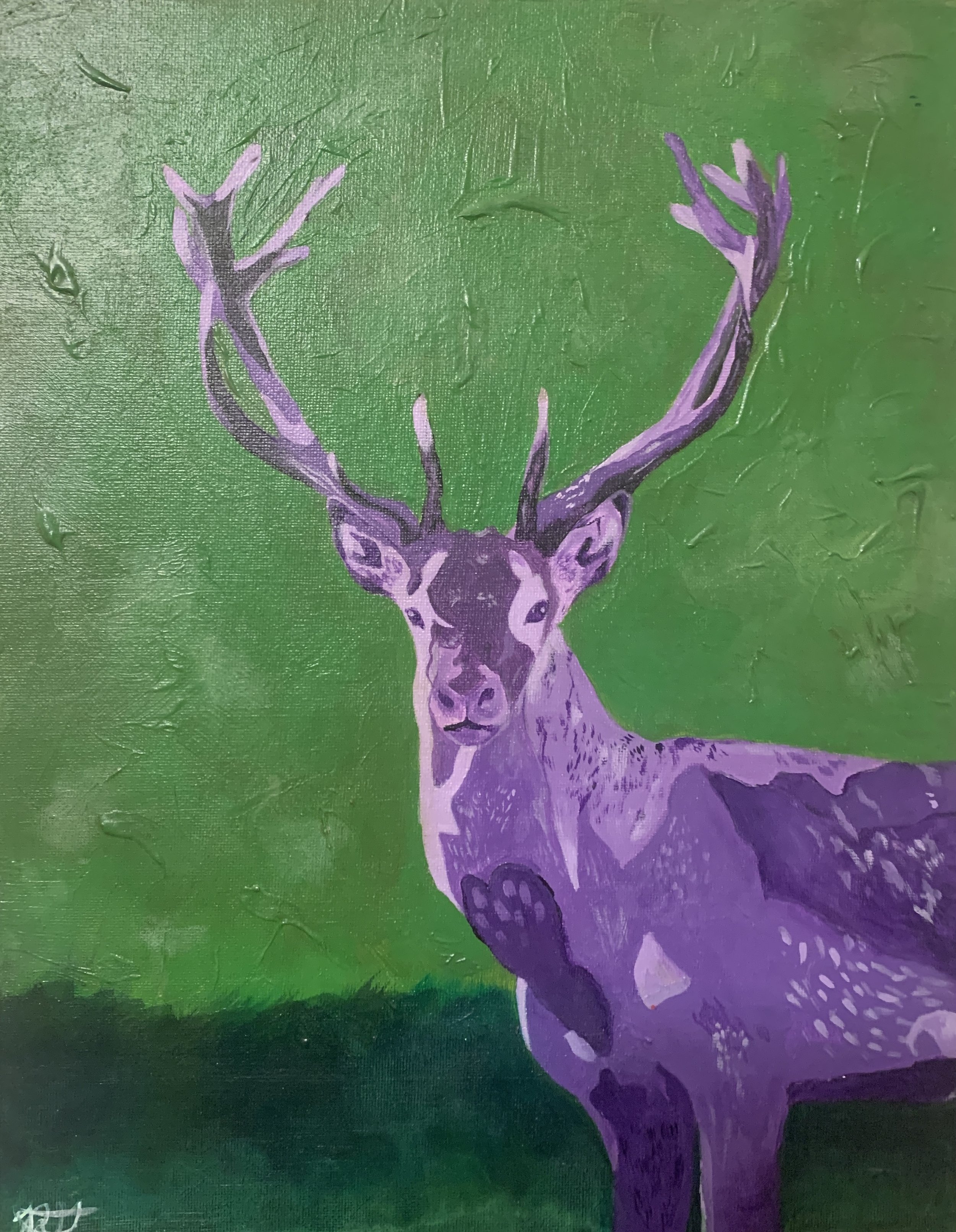 Deery Purple, May 2023
This is an entirely double-chrome piece, featuring this purple deer amongst the green background. Featuring textured paints within the green. 