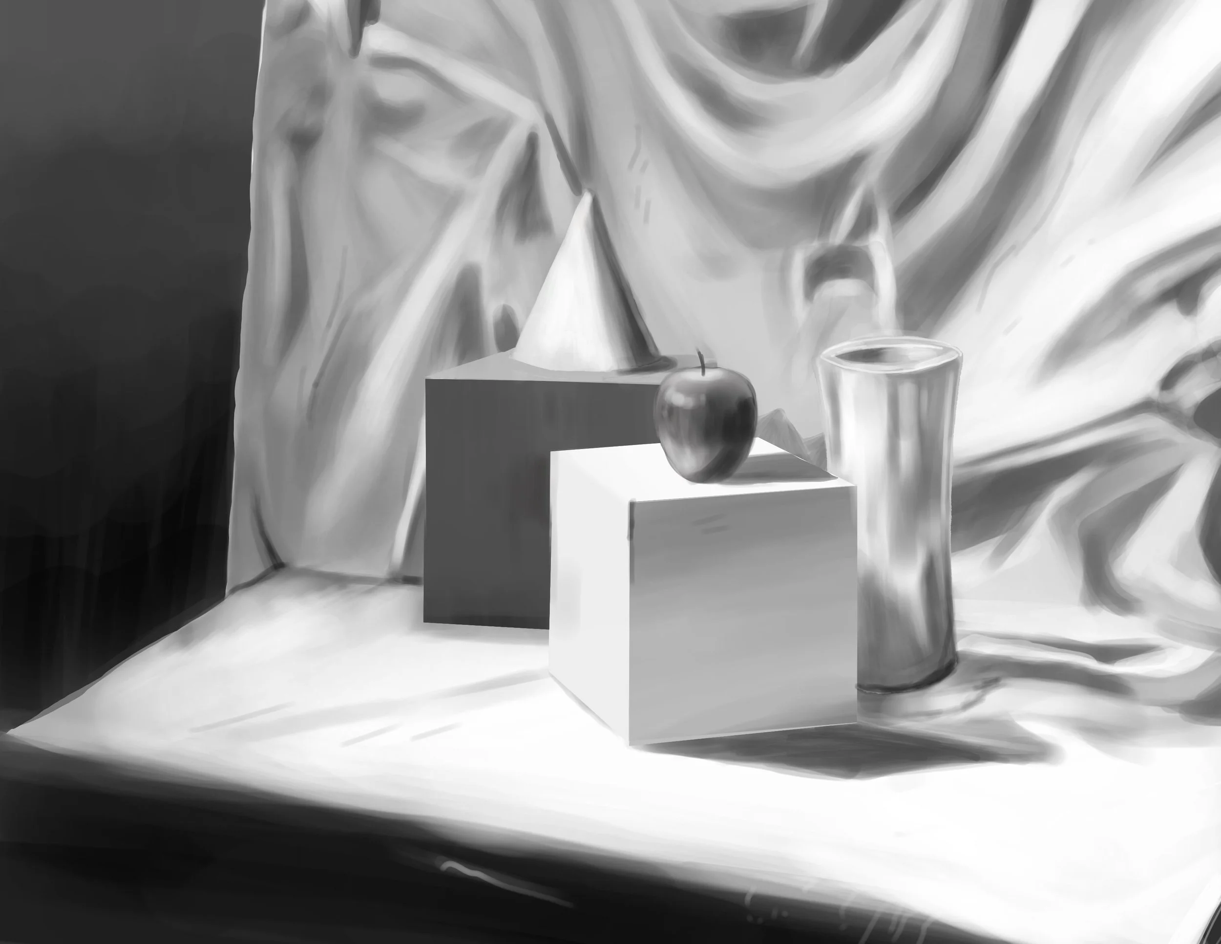 Still Life Study, October 2024. 
To start, we did thumbnail sketches of the still-life setup within our sketchbooks, figuring out the best ways to format the composition. After a composition was decided, we took photos of our sketches, as well as of 