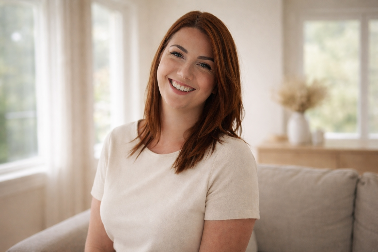 Lactation consultant sitting in a light-filled living room, ready for an in-home breastfeeding consultation