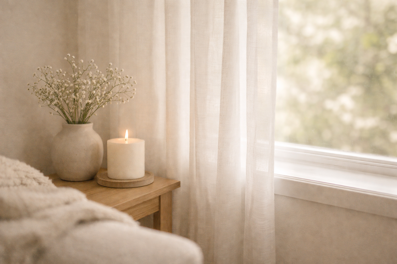 Calm, light-filled home corner prepared for in-home lactation consultation with window and natural light