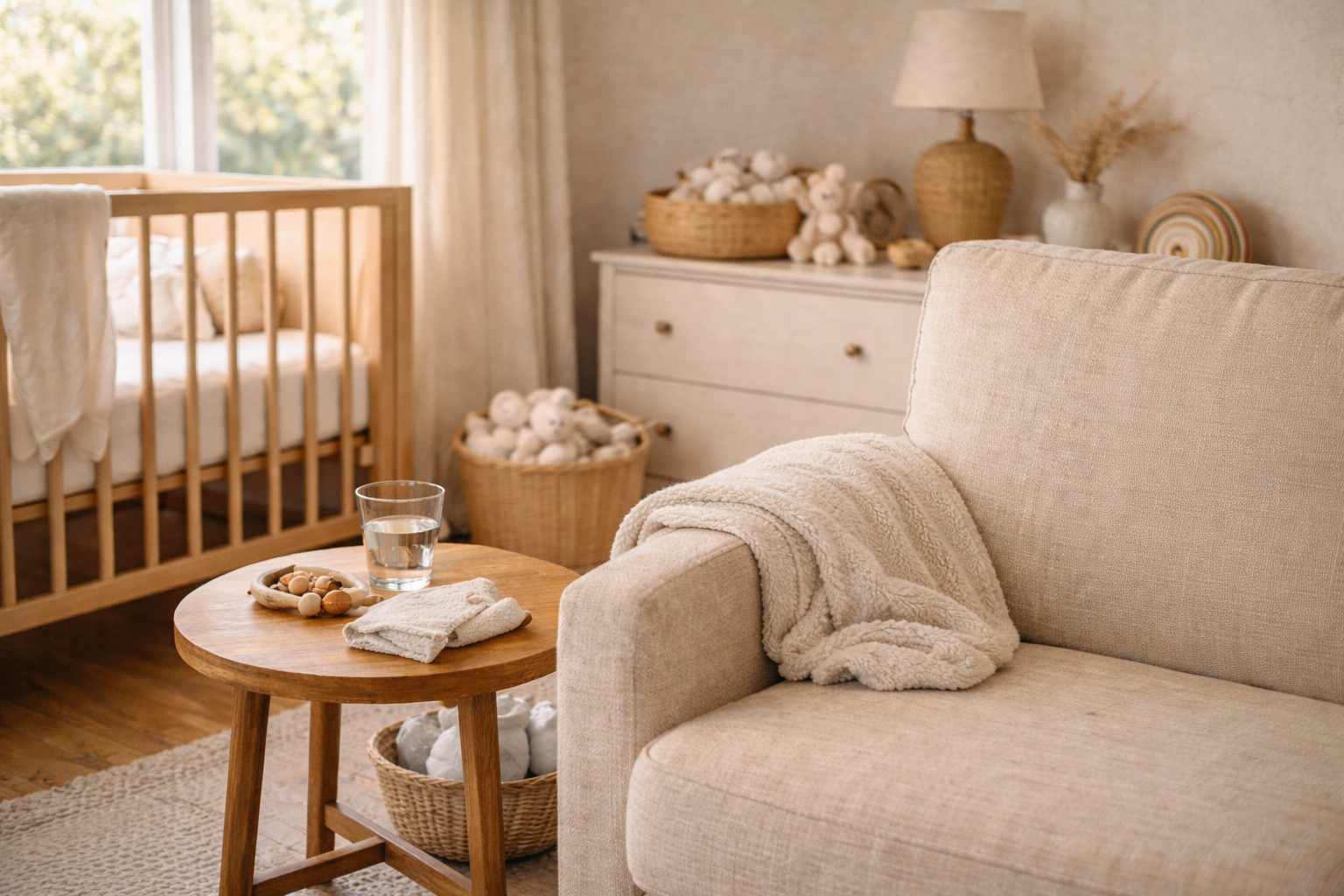 Calm nursery space prepared for in-home lactation consultation, with sofa, crib, and natural light