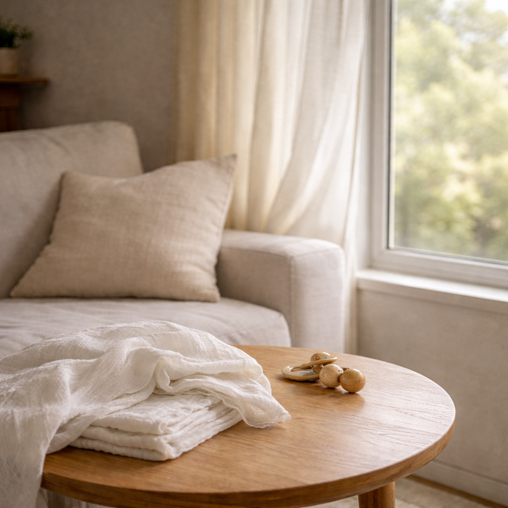 Light-filled living room prepared for an in-home lactation consultation, with sofa, coffee table, and natural light