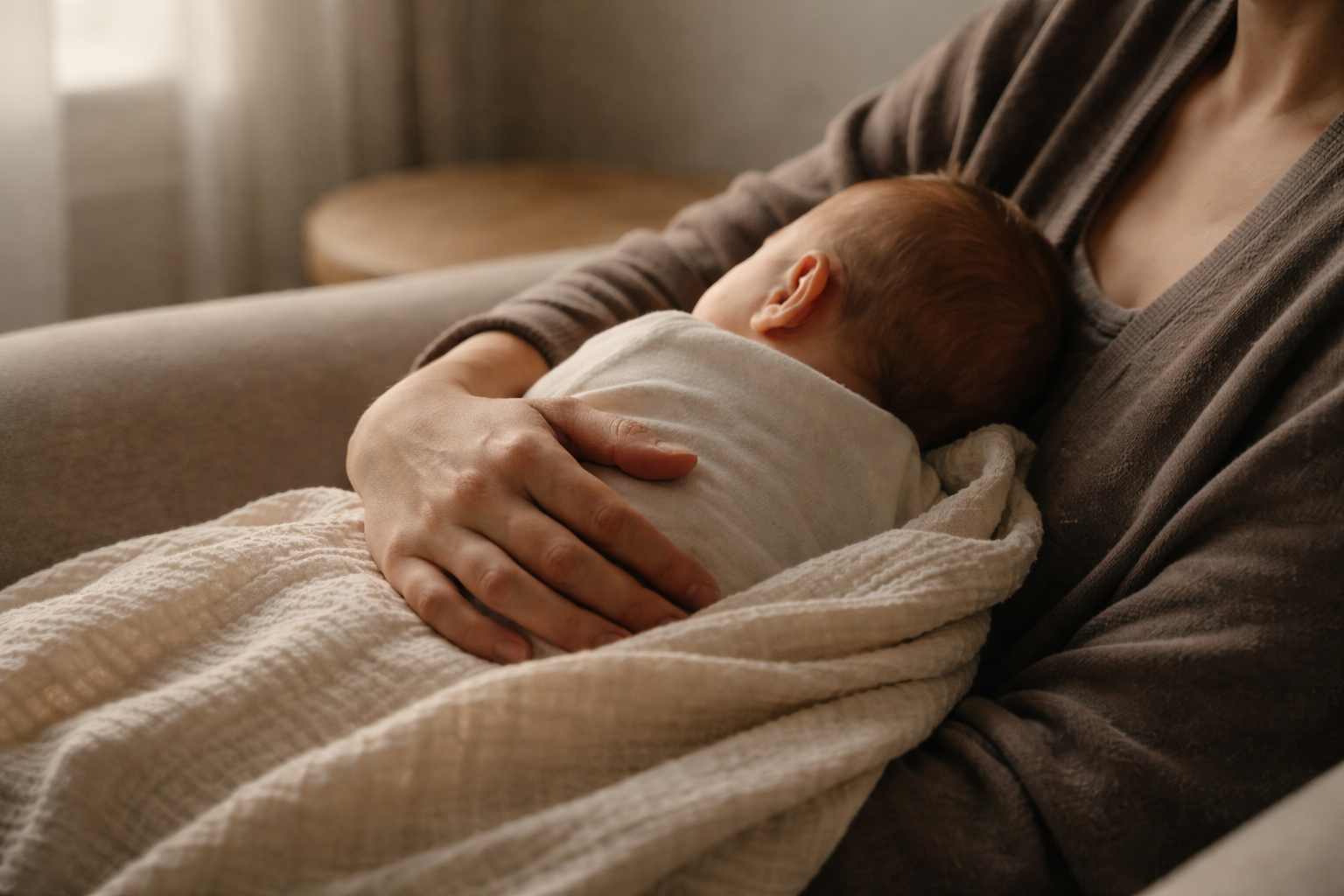 Parent holding a settled newborn at home during early feeding support