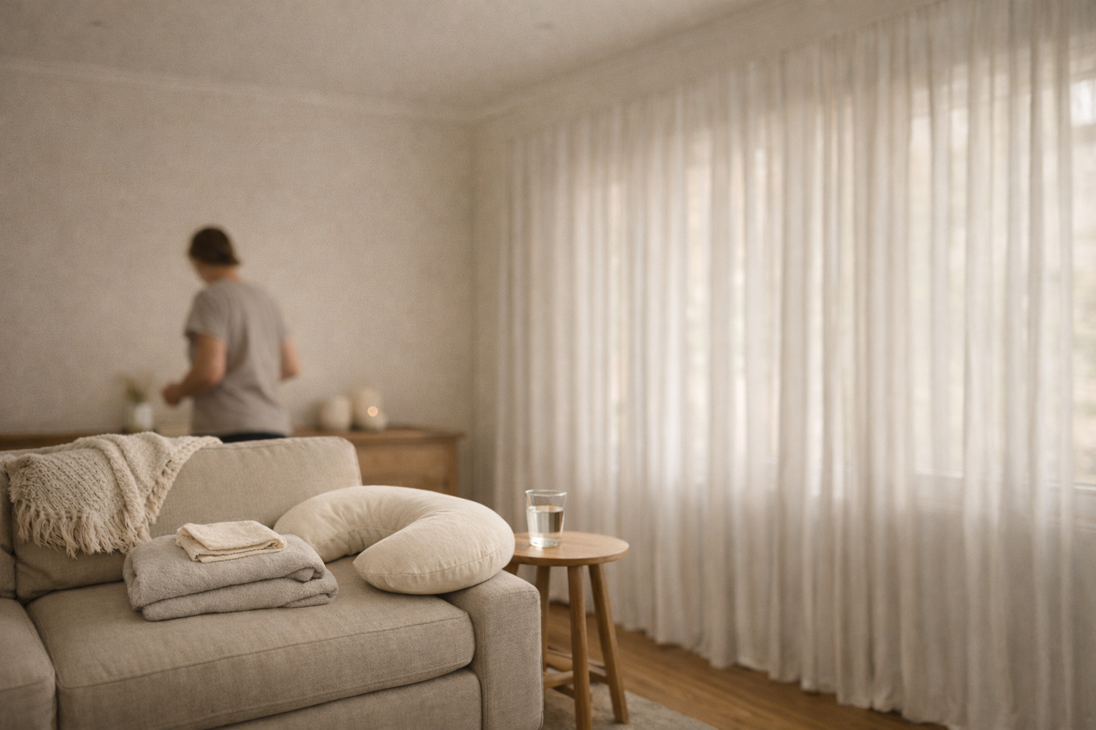 Light-filled living room prepared for an in-home lactation consultation, with sofa, side table, and natural light