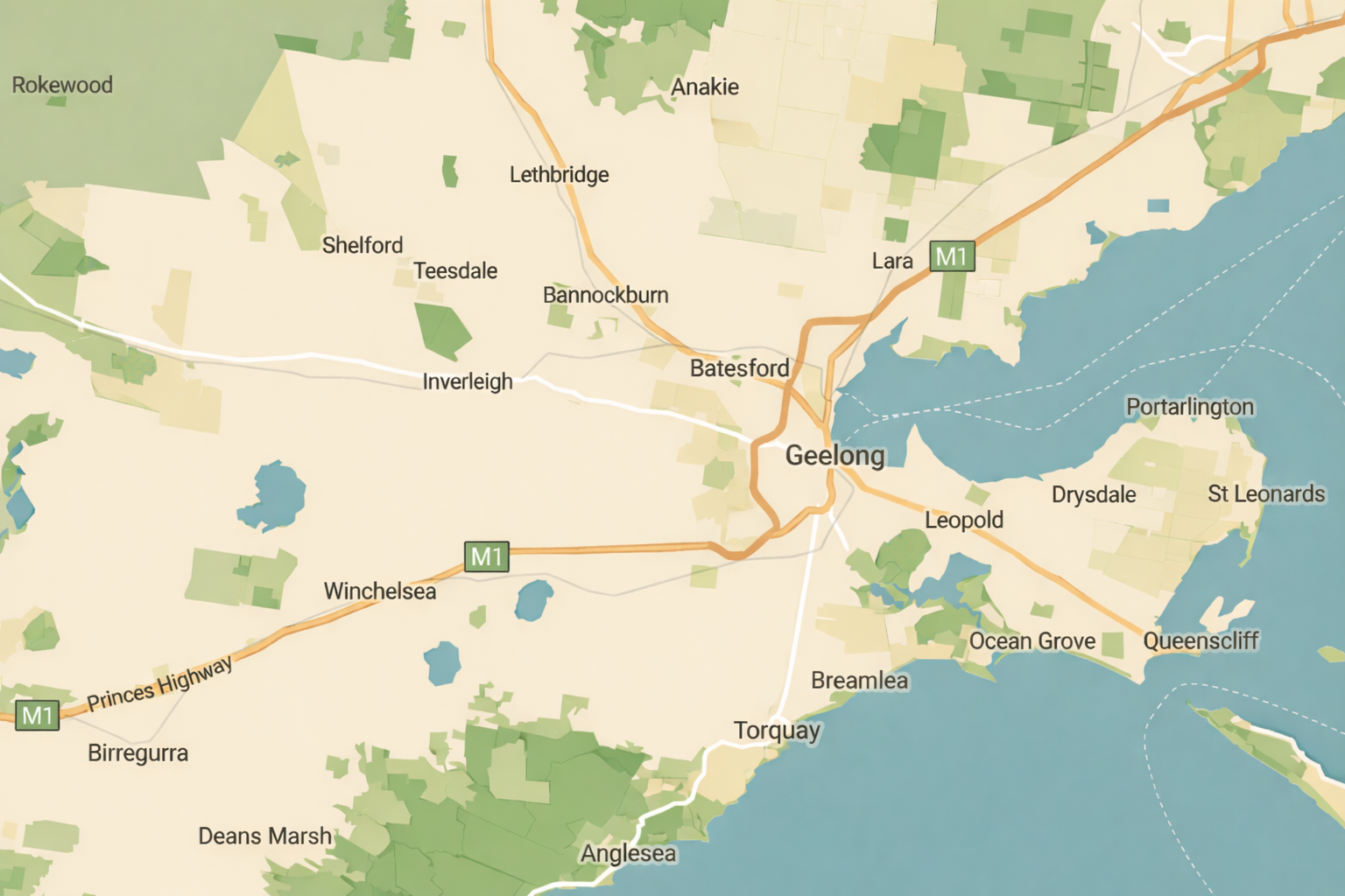 Map showing towns and cities including Geelong, Lara, Newtown, Ocean Grove, Queenscliff, St Leonards, Drysdale, Leopold, Breamlea, Torquay, Anglesea, Deans Marsh, Birregurra, Winchelsea, Inverleigh, Shelford, Teesdale, Bannockburn, Lethbridge, Anake, and Rokewood near the coast and inland, with roads and highways connecting them.
