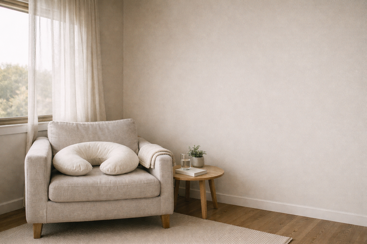 Calm home setting prepared for an in-home lactation consultation with armchair, side table, and natural light