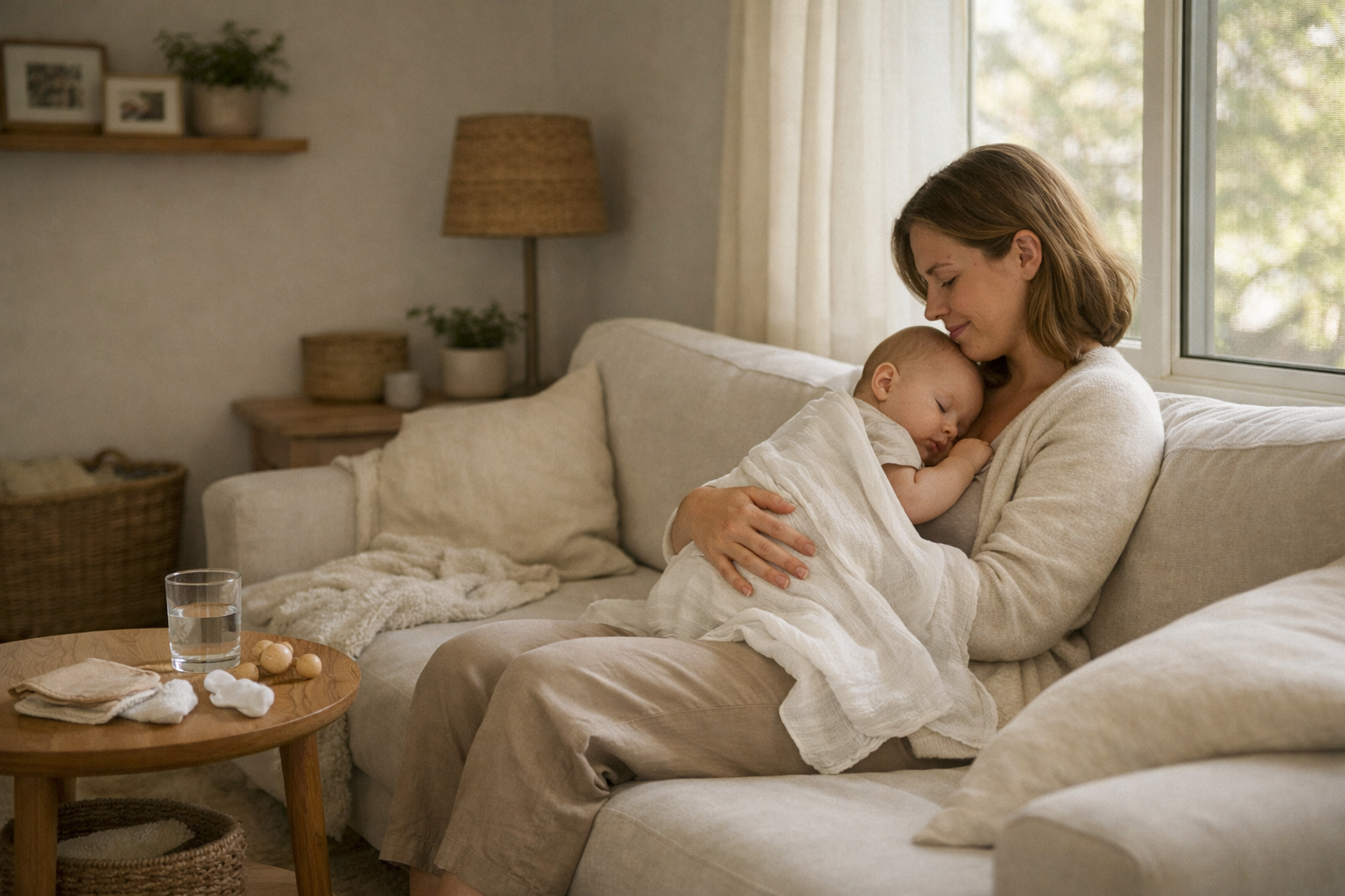 Parent holding a sleeping baby at home during calm in-home lactation support