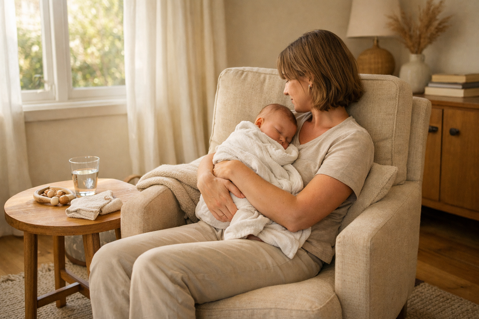 Parent sitting in an armchair holding a sleeping baby at home during in-home lactation support