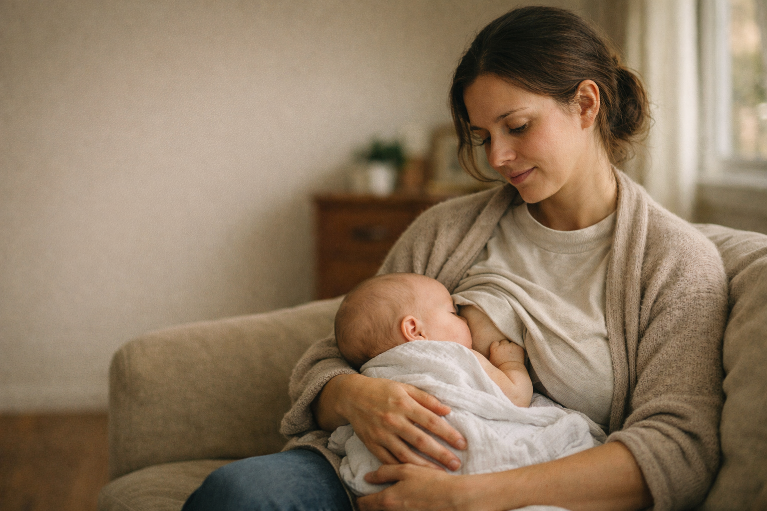 Mother breastfeeding her baby during an in-home lactation consultation in Geelong