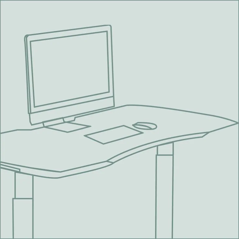 Line drawing of an office desk with a computer monitor, mouse, and a piece of paper.
