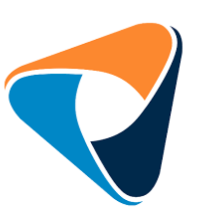 A geometric logo with orange, blue, and navy sections forming a stylized triangle.