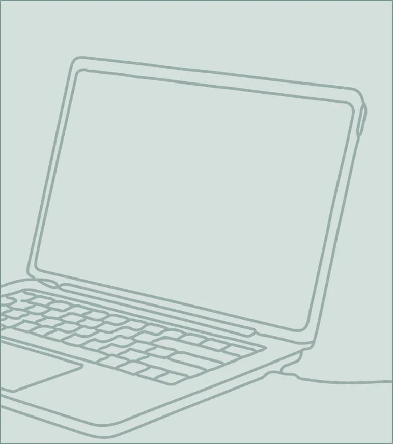 Outline drawing of a laptop computer with a keyboard and a screen.