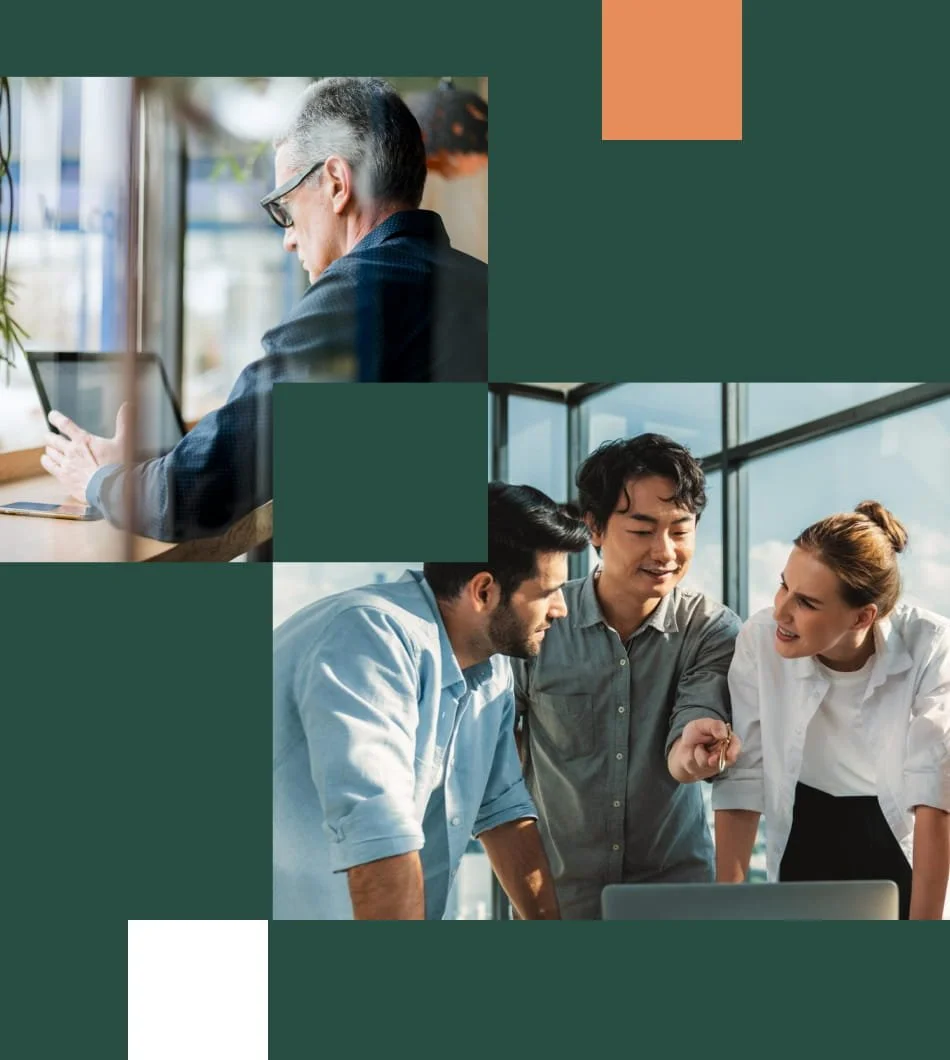 A collage of three images featuring people working and collaborating in cafes and office environments.