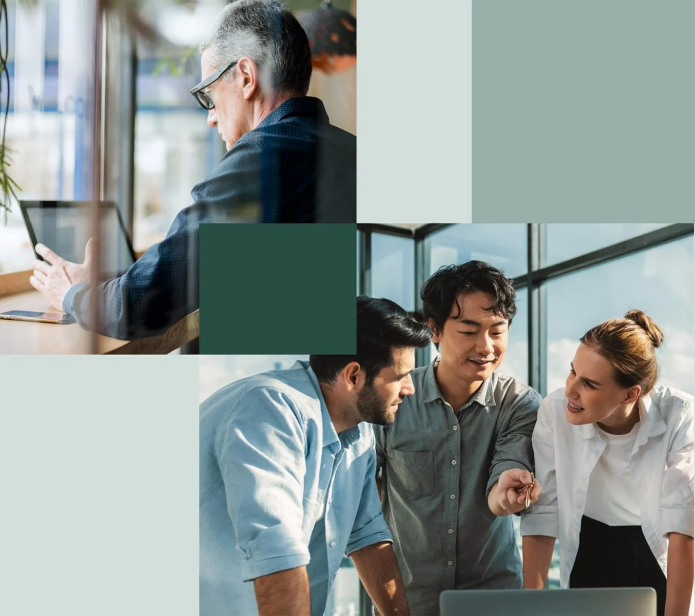 A collage of two images showing people working. The top image shows an older man with gray hair and glasses working on a tablet in a cafe or office with large windows. The bottom image features three young adults, two men and one woman, gathered around a laptop in a modern office with large windows, discussing something together.