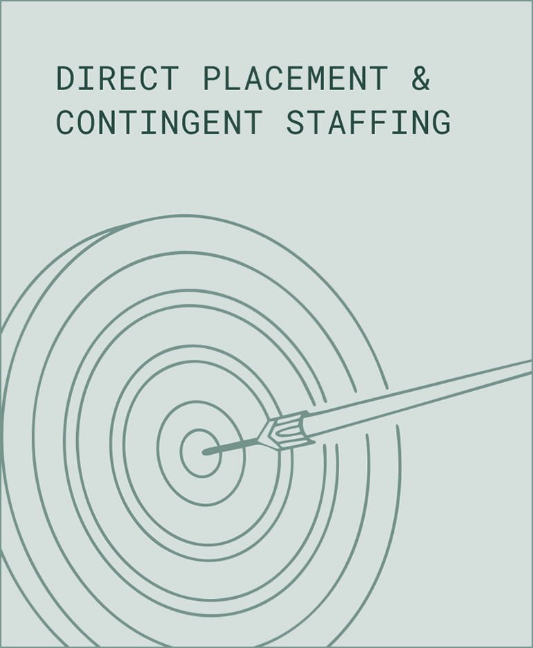 A graphic with the title 'Direct Placement & Contingent Staffing' showing a target with concentric circles and an arrow hitting the bullseye.